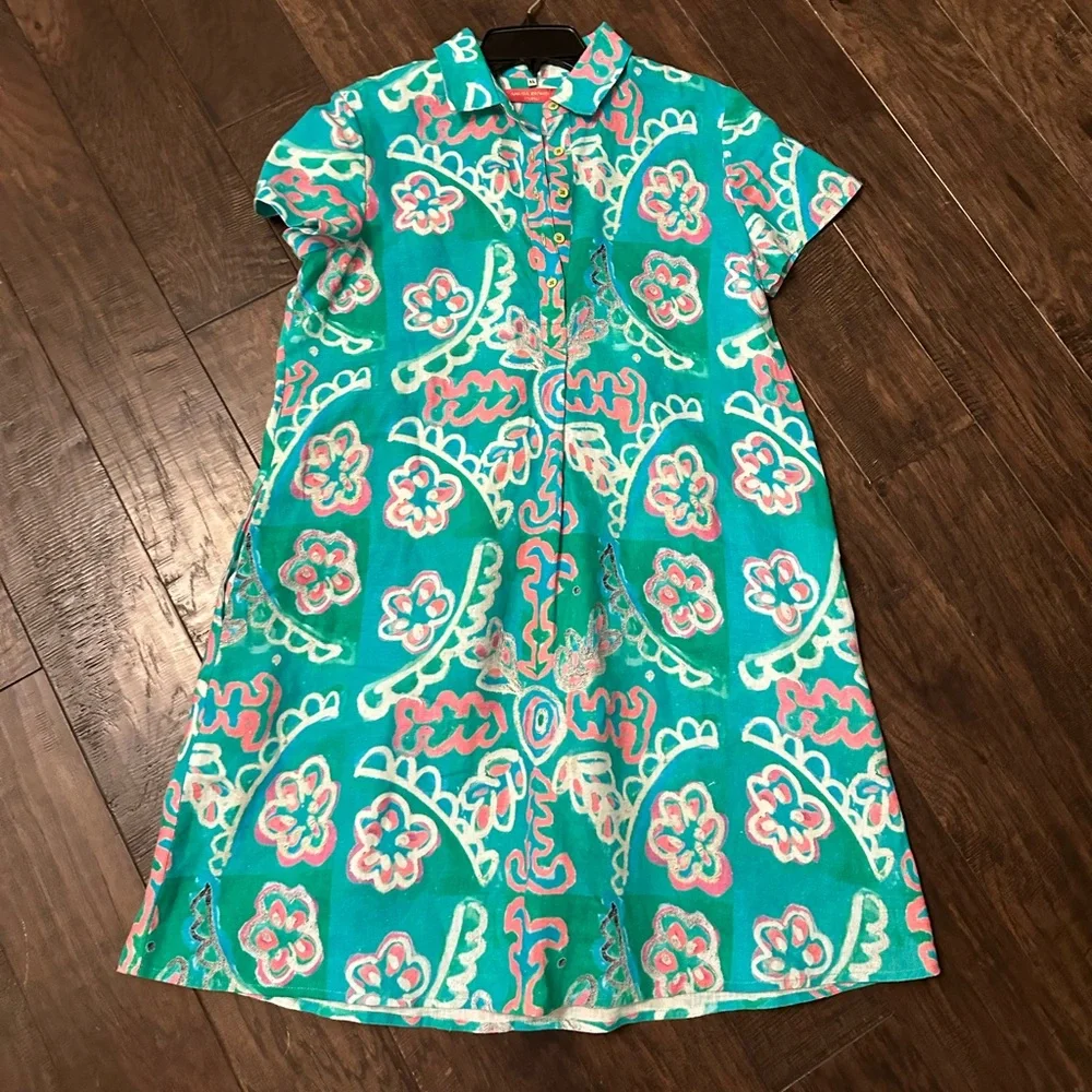 Amanda Johnson Studio Green Floral 100% Linen Shirt Dress $296 - Size XL - Picture 1 of 5